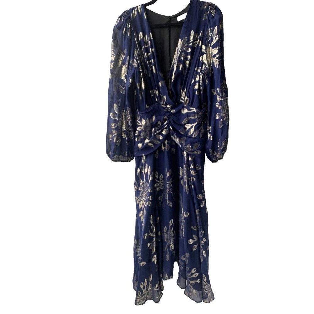 Anthropology‎ DELFI Collective Navy Silver Print Gown Long Dress Pure Silk M-L
